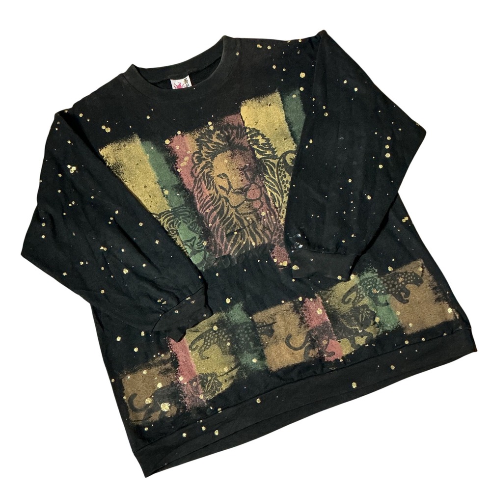 Frenzi Vintage 1993 Rasta Lion Judah Sweatshirt Unisex OS Black Gold Glitter 90s